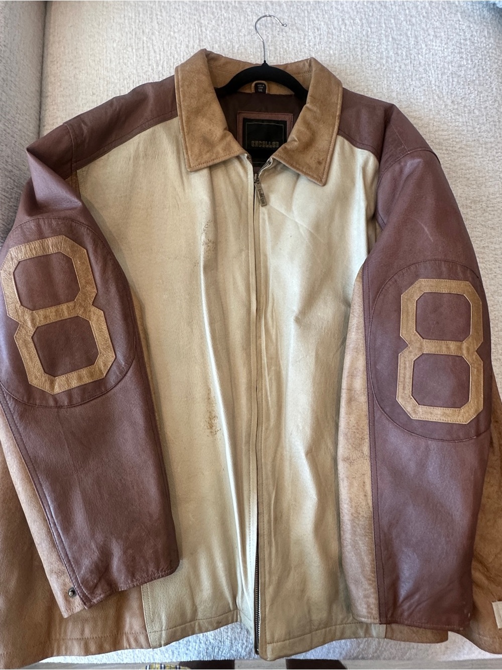 Men's Two-Tone Brown & Cream Leather 8 Ball Bomber Jacket